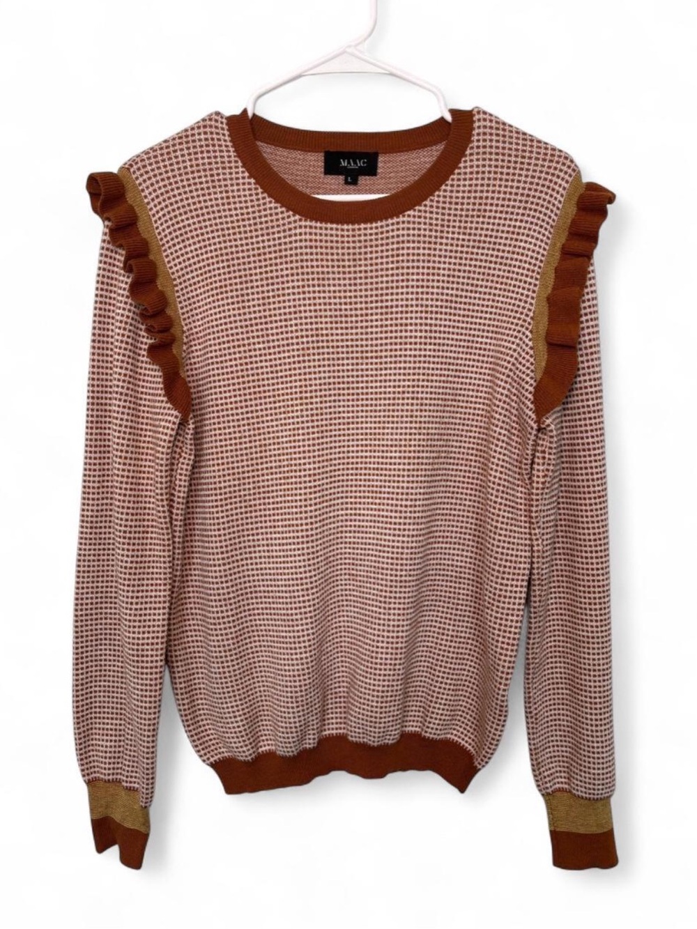 MAAC London Wool Blend Crewneck Gingham Ruffle‎ Detail Long Sleeve Sweater Large